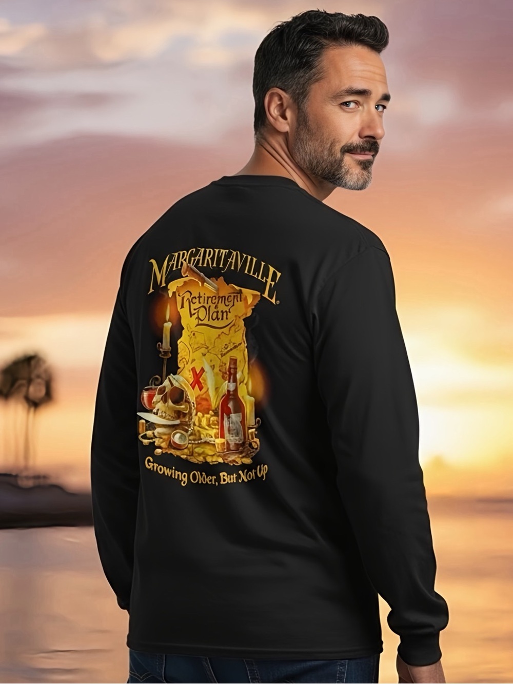 Margaritaville Long Sleeve Tee Retirement Plan Pirate Shirt Men’s Large - Black